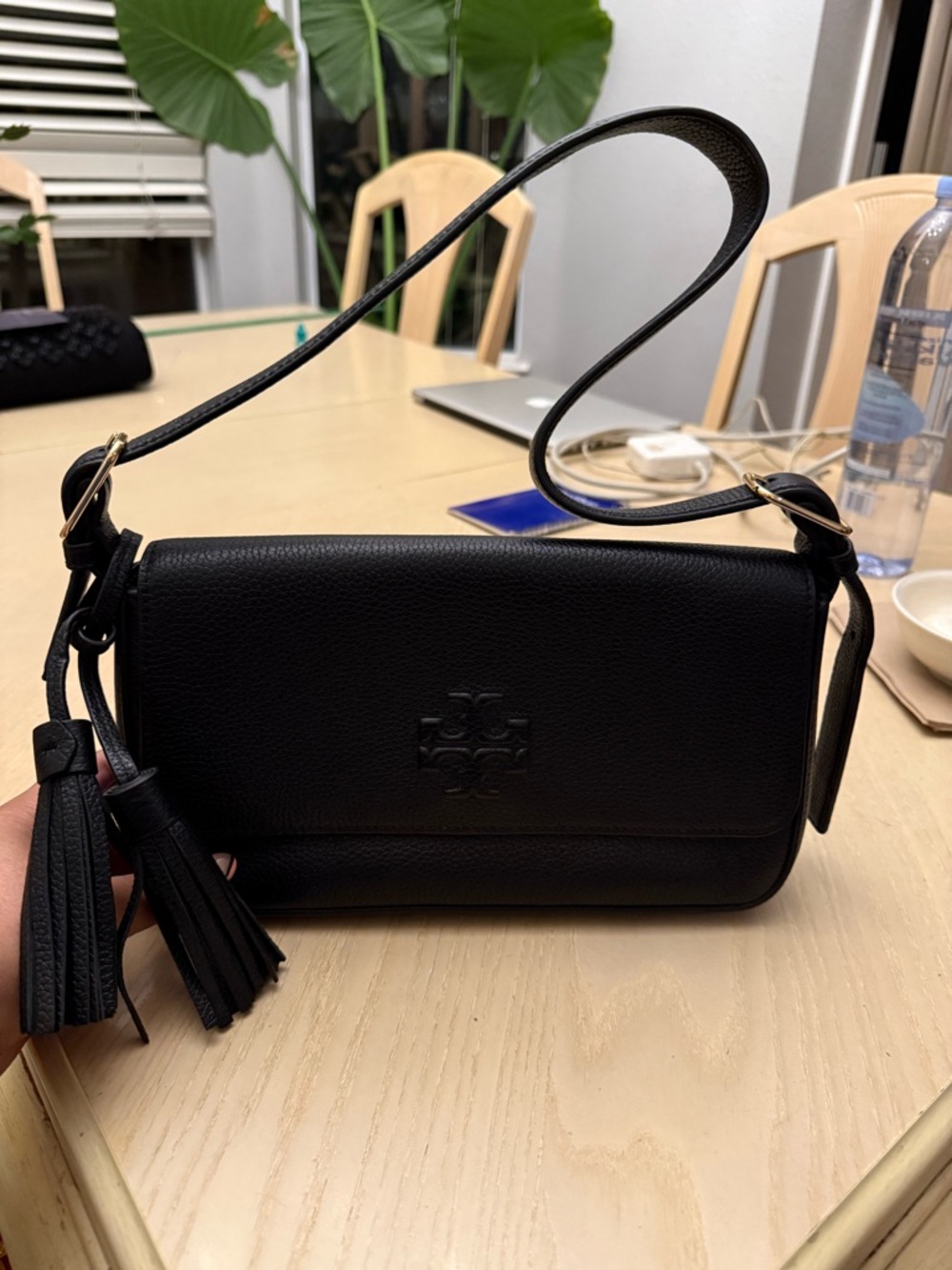 Tory Burch Black Pebbled Leather Crossbody with Tassel